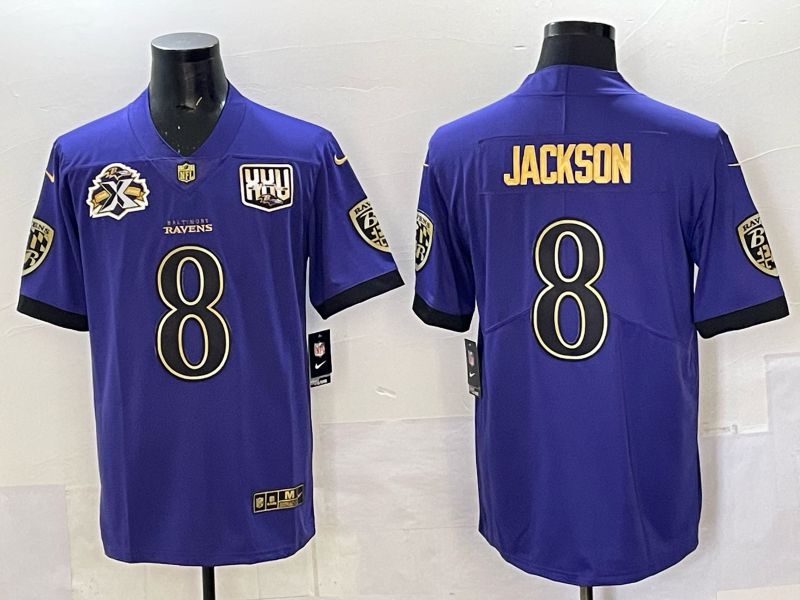 Men Baltimore Ravens #8 Jackson Purple gold Nike Limited NFL 2025 Jersey style 01